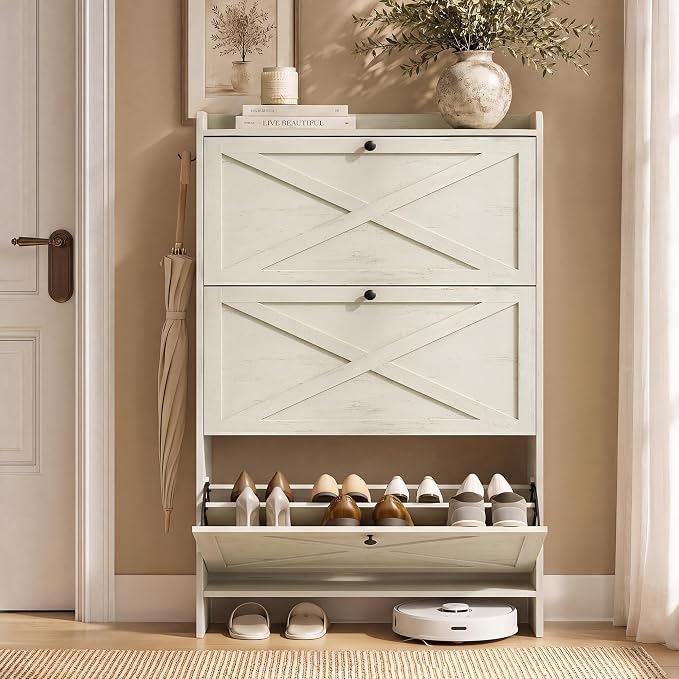 VASAGLE Shoe Storage Cabinet Organizer with 3 Flip Drawers, Freestanding Narrow Shoe Rack Cabinet for Entryway, Farmhouse Style, Fits 14 to 16 Pairs, Cloud Creek Blue UHSC303WJ01