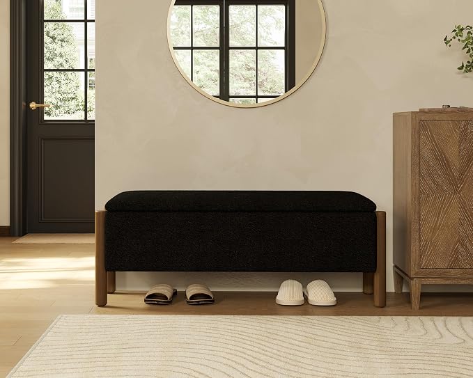 Storage Ottoman Bench, End of Bed Bench for Bedroom, 47" Boucle Upholstered Entryway Shoe Seat Bench, Holds up to 660 lb Storage Ottoman, Padded Blanket Chest Stool Foot Rest for Living Room Black