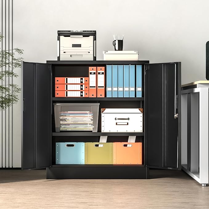 Wanfu Metal Storage Cabinet, 36" H Locking Storage Cabinet with 2 Adjustable Shelves, Metal Cabinets for Garage, Home, Office, Utility Room-Black