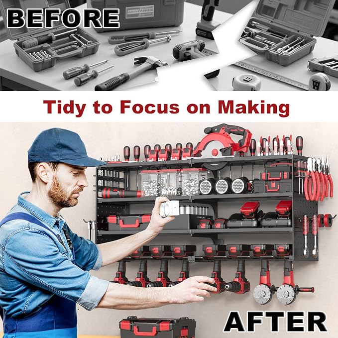 33" Metal Power Tool Organizer Wall Mount,4 Tier,Black | Heavy-Duty Metal,320 LBS Capacity,8 Cordless Drill Holders,Adjustable Hooks,Tool Shelf for Garage Workshop Shed,Pegboard