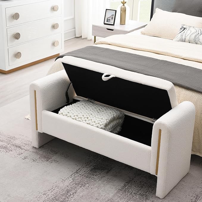 Christopher Knight Home Upholstered Storage Ottoman, Teddy Fabric Bench with Solid Wood Legs, Comfortable Foot Rest Stool, Storage Bench for Bedroom End of Bed, Living Room, Dining Room, White