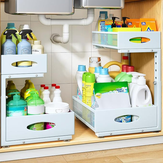 Under Sink Organizer, 2 Tier Pull Out Under Cabinet Organizer Shelf with Pad for Framed Cabinets, Metal Slide Out Under Sink Storage, Mesh Sliding Drawers for Kitchen Bathroom Laundry(Blue, 1 Pack)