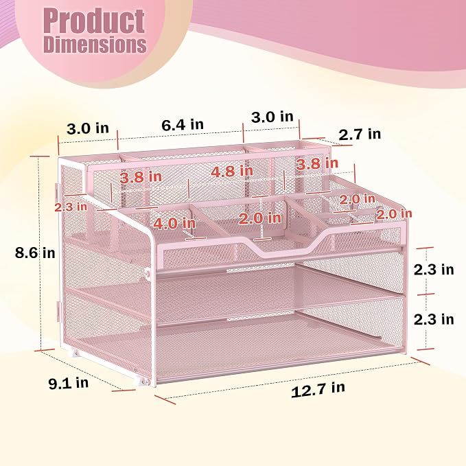 Docnest 3 Tier Mesh Desk Organizer with Letter Tray & Paper Sorter, Pink | Features 3 built-in pen holders & 5 adjustable compartments on top. Includes 4 non-slip rubber feet for desk protection