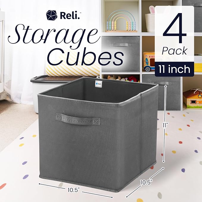Reli. Storage Cubes (4 Pack) | Dark Gray Fabric Cube Bins 11"x11" | Collapsible Organizer | Reinforced Handles | Space-Saving Foldable Design | Children's Toys, Clothes, Craft Supplies, Linens