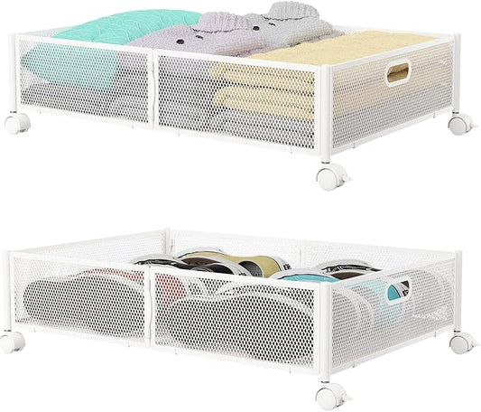 PHINOX Under Bed Storage with Wheels & Handle,Sturdy Metal,2 Pack,White | Tool-free assembly, glide smoothly, easy reach, foldable, maxmazie low-profile beds, dorm, keep seasonal clothes, shoes fresh