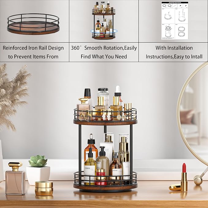 2-Tier Rotating Bathroom Countertop Organizer, Wooden Makeup Vanity Storage, Multifunctional Lazy Susan Turntable for Skincare, Perfume and Cosmetics (Brown)