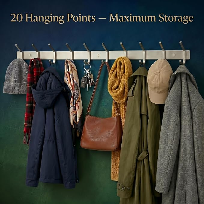 Coat Rack Wall Mount – Brushed Nickel 30 Inch Stainless Steel Hook Rail with 10 Heavy Duty Double Coat Hooks – Wall Mounted Coat Hanger for Entryway, Bathroom, Bedroom, Towel, Hat Organizer - 2 Pack