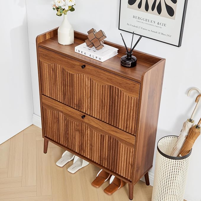 BERRYMERRY Walnut 31.5” Fluted Shoe Storage Cabinet with 2 Flip Drawers | narrow,entryway,adjustable feet,24 pairs shoe,shoe organize,hidden shoe rack,fluted panel,wave pattern,wood,space saving