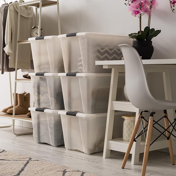 IRIS USA 6-Pack 54 Quart Storage Bins with Lids, Pearl | Conceals contents for a clean look. Perfect for moving, blankets, clothing, and garage storage. Nestable design saves space