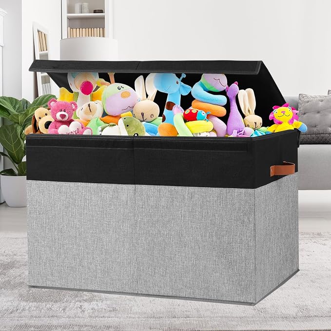 Large Toy Storage Box with Lid, Toy Chest Bin Boxes Basket with Dividers | Sturdy Toy Organizer Bin for Kids, Boys, Girls, Nursery, Living Room, Bedroom, Playroom 25"x13" x16" (Black and Grey)