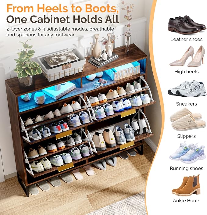 VINGLI Walnut Fluted Shoe Cabinet for Entryway, Narrow Hidden Shoe Storage Organizer with 4 Flip Drawers & 16-Color LED Lights, Mid Century Modern Slim Freestanding Shoe Rack with Cubby