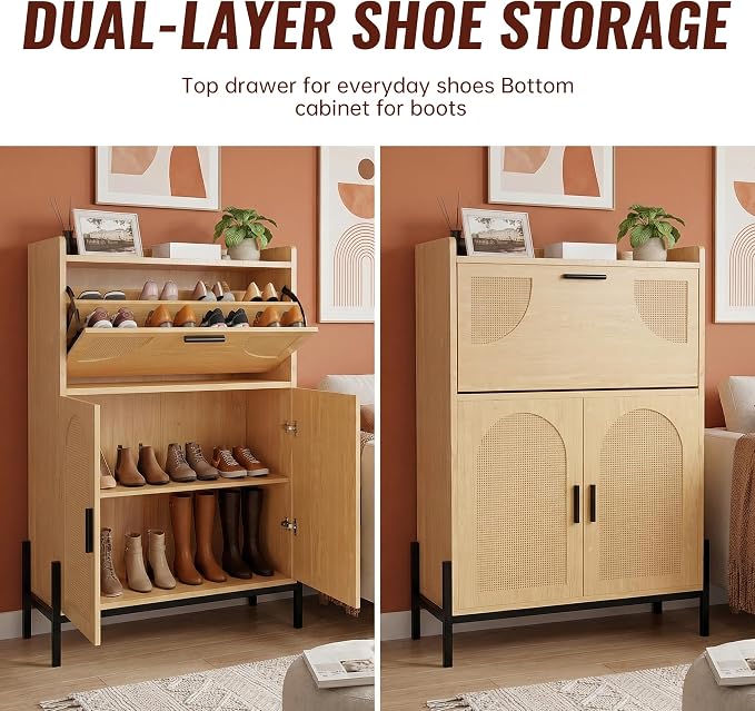 Shoe Cabinet Storage for Entryway, Narrow Wooden Shoe Organizer with Flip Drawer and Lower Double Door Cabinet, Rattan Shoe Cabinet with Metal Legs, 46 x 31.5 x 13.7 in