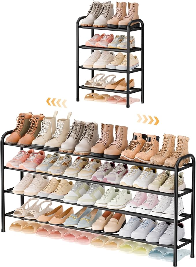 ENJOYBASICS 4 Tier Expandable Shoe Rack for Closet, Small Metal Shoe Organizer, 24 Pairs, Black