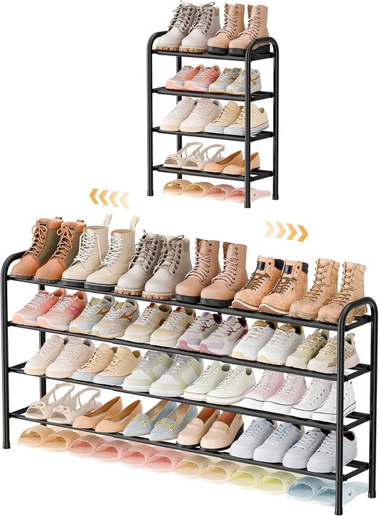 ENJOYBASICS 4 Tier Expandable Shoe Rack for Closet, Small Metal Shoe Organizer, 24 Pairs, Black