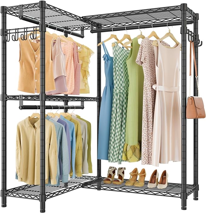 VIPEK L4 Clothing Rack for Hanging Clothes Heavy Duty Closet for Corner | L Shaped Closet System, Multiple Hanging Rods, Adjustable Wire Shelving/Side Hooks, Load 810lbs for Walk-in Closet, Black