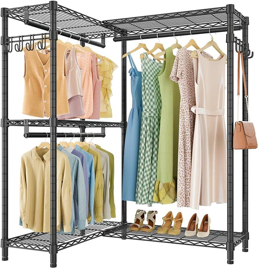 VIPEK L4 Clothing Rack for Hanging Clothes Heavy Duty Closet for Corner | L Shaped Closet System, Multiple Hanging Rods, Adjustable Wire Shelving/Side Hooks, Load 810lbs for Walk-in Closet, Black