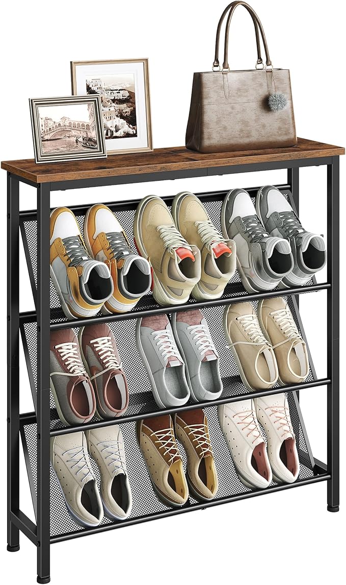 CHOEZON Shoe Rack, 4-Tier Slanted Shoe Storage Shelf, Narrow Shoe Rack for Entryway, Shoe Organizer with Adjustable Feet, Slim Shoe Shelf with Wooden Top and Metal Frame Rustic Brown and Black TXJ75BF