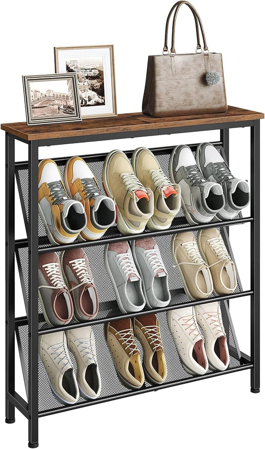 CHOEZON Shoe Rack, 4-Tier Slanted Shoe Storage Shelf, Narrow Shoe Rack for Entryway, Shoe Organizer with Adjustable Feet, Slim Shoe Shelf with Wooden Top and Metal Frame Rustic Brown and Black TXJ75BF
