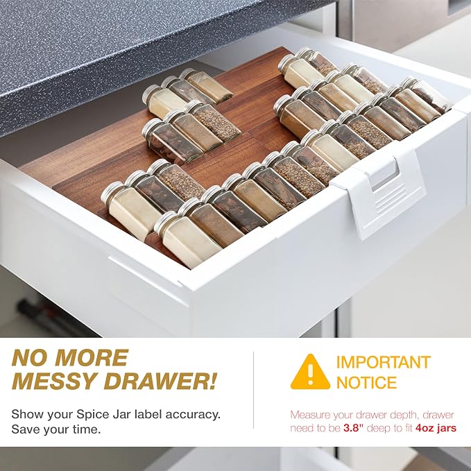 Tinamo Acacia Wooden Spice Rack Organizer for Cabinet - Spice Drawer Insert, Spice Organization for Cabinet, Seasoning Organizer, Spice Holder Pack of 4 (Acacia pack 4) | Acacia Wood Construction, No assembly Required, Stackable 4-tray Design, Spacious...