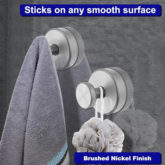 Bntuk Suction Cup Hooks for Shower, Removable Towel Hooks for Bathroom Window Glass Door Wall, Bath Robe Looafh Hook for Hanging - 4 Pack, Silver