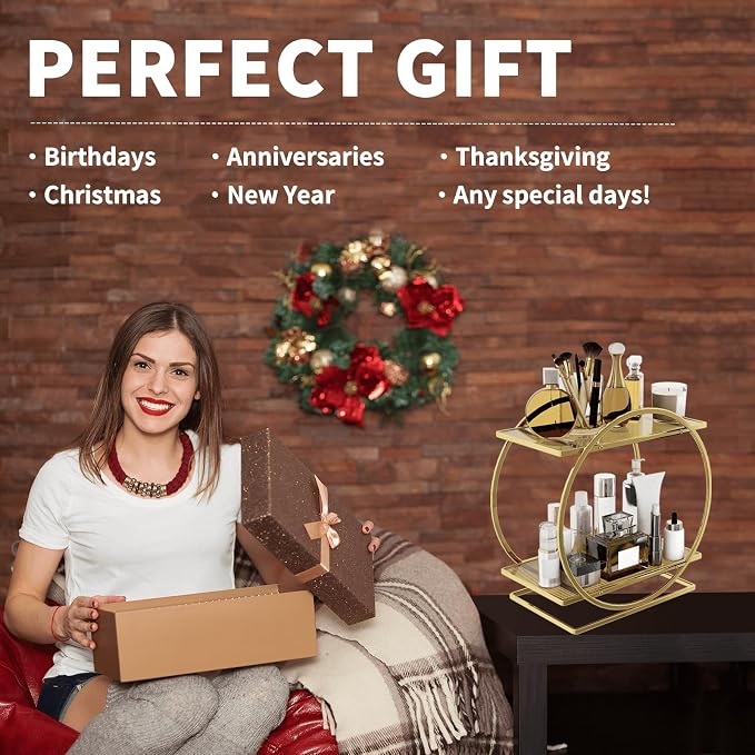 Perfume Organizer, 2-Tier Bathroom Countertop Organizer and Storage | Gold Makeup Organizer for Vanity, Counter Shelf Bathroom Accessories & Decor, Skincare Trays Perfume Holder Cosmetic Display