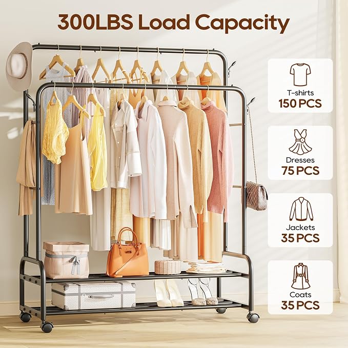 TigerParty Double Rods Clothes Rack for Hanging Clothes, Rolling Clothing Rack with Wheels, Freestanding Garment Racks with 2 Shelves for Bedroom Laundry Living Room