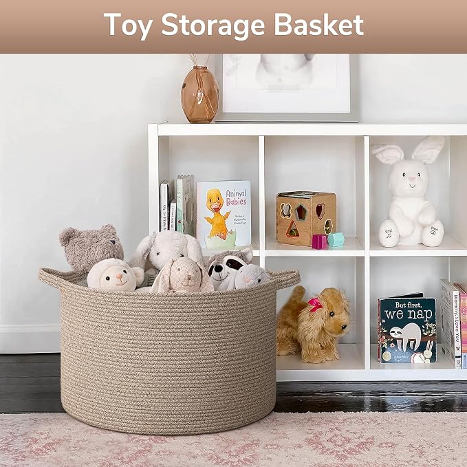 Goodpick Large Wicker Basket for Blankets, Baby Toy Storage Basket, 65L | 19.7 x 19.7 x 12.6 In Baby Storage Basket for Nursery, Blanket Basket for Living Room, Laundry Basket for Towels, All Brown
