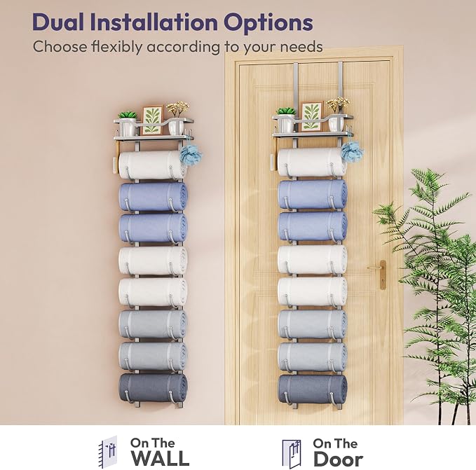 SWTYMIKI Over the Door Towel Rack - 9 Tier Towel Racks for Bathroom Wall Mounted, Towel Holder with Shelf, Hanging Rolled Towel Storage Organizer for Small Bathroom, Camper, RV, Sliver
