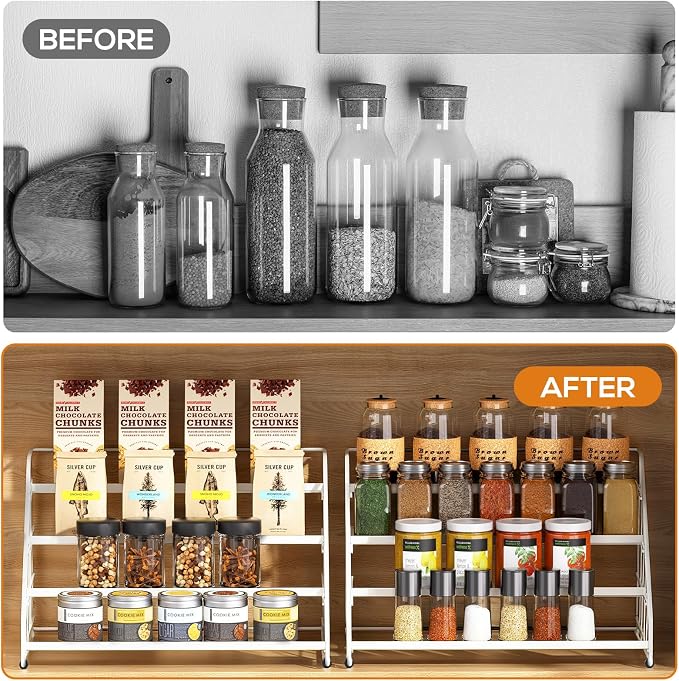 Spice Rack Organizer for Cabinet, 4 Tiered Spice Rack Organizer, Tiered Adjustable Spice Shelf for Kitchen (White-2Pcs)