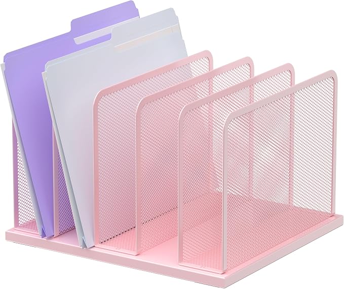 Kuntine.B 5-Section Upright Desk File Organizer Pink 1 Pack | Vertical, Mesh, Metal, Assembly, Stability, Sturdiness, Organization, Standing