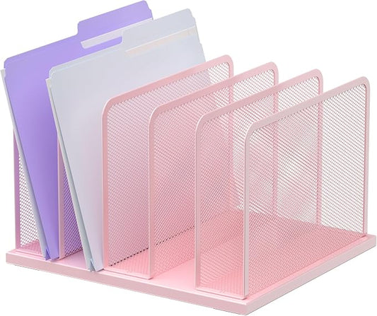 Kuntine.B 5-Section Upright Desk File Organizer Pink 1 Pack | Vertical, Mesh, Metal, Assembly, Stability, Sturdiness, Organization, Standing