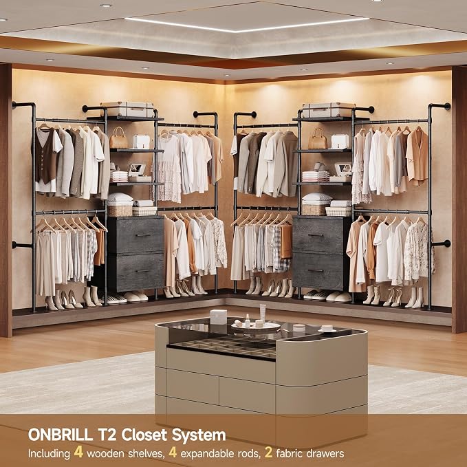 T3 Wall Mounted Industrial Pipe Closet Organizers Storage System | Metal Clothing Rack with 2 Drawers, 6 Wooden Shelves & 4 Expandable Rods, Heavy Duty Garment Rack, Wardrobe (Grey)