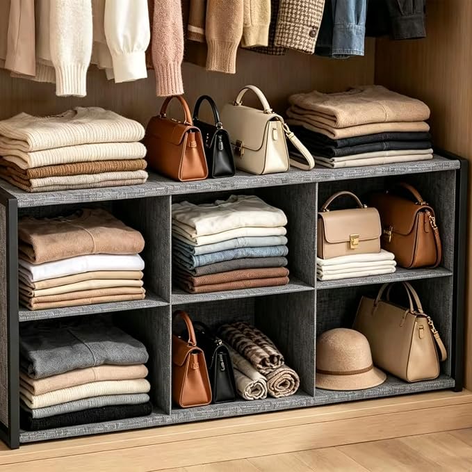 Hongtamoya Stackable Closet Organizer Shelf,6 Cube Bins Storage Basket for Clothes, Handbags Sweaters Jeans Pants Shirt, Space Saving Closet Organizer for Bedroom Wardobe, Closet System-Grey