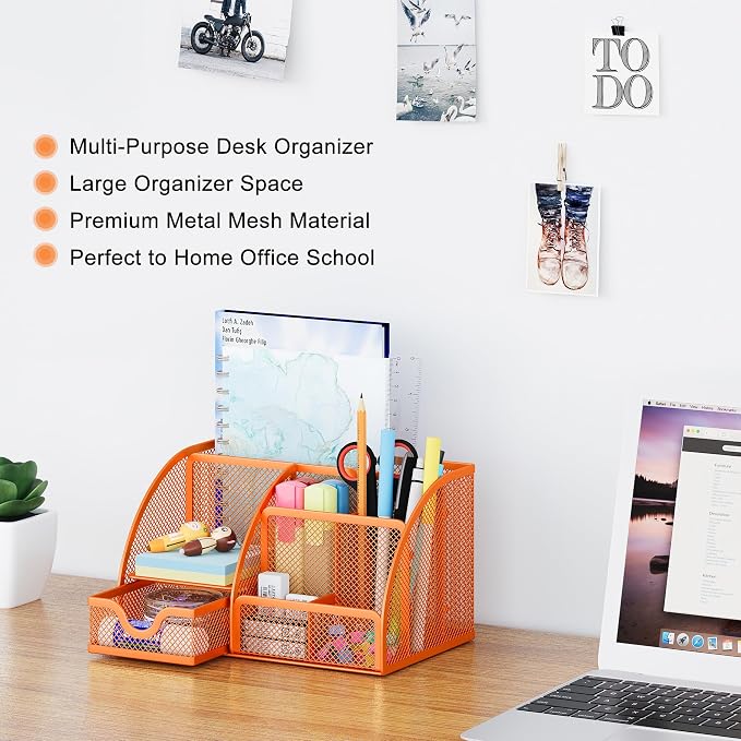 EasyPAG Mesh Desk Organizer with Drawer Multi-functional Pen Holder Stationery Organizer for Office School Supplies 6 Compartments Dorm Organizers and Storage for Desk, Orange