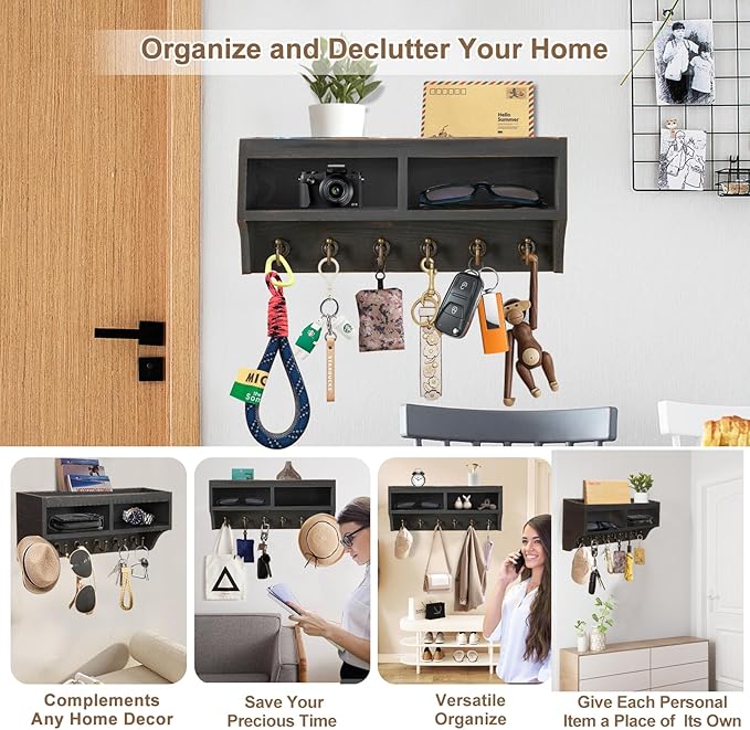 Key Holder Wall Mount with Mail Organizer, 6 Hooks & Shelf, Black | Wood Key Holder Wall Mount with 6 Key Hooks, Shelf & Storage Box and Mail Organizer for Entryway, Apartment, Home and Office