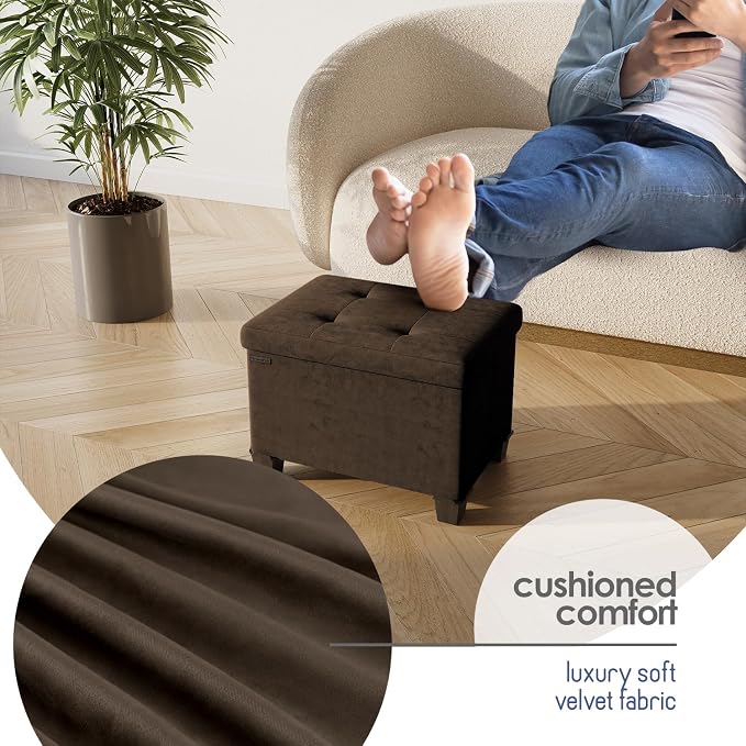 Storage Ottoman Cube with Small Bin, 16-in Square Ottoman with Storage for Living Room and Bedroom, Small Ottomans Foot Rest, Velvet Foot Stools Ottomans Max 330lbs, Brown
