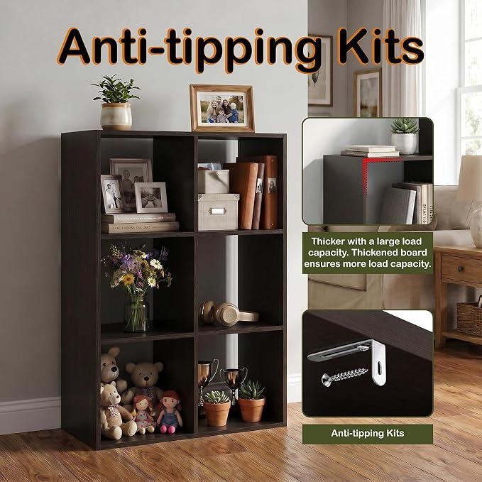 WannabeMyself【Sturdy Build&Easy Assembly】6 Cube Storage Organizer with Anti-Tipping Kits,Reversible Open Back Book Shelf, Bookcase for Living Room,Bedroom,Entrance Hall,Office,24.1×11.4×35.9,Chocolate