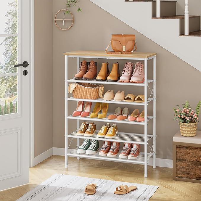 6 Tier Shoe Rack for 20-24 Pairs of Shoes, White Log | Sturdy & Durable, X Shape Fixed Frame, Metal Mesh Shoe Shelf, Industrial, For Closet, For Entryway Shoe Storage