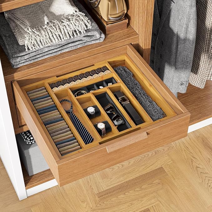 Pipishell Bamboo Expandable Silverware Drawer Organizer, Adjustable Kitchen Utensil Tray for Forks, Spoons and Knives, Wood Storage Cutlery Holder for Bedroom and Living Room