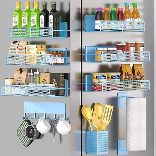 Magnetic Spice Rack for Refrigerator, 10 Pack Metal Magnetic Shelf, Moveable Spice Organizer with Hook Rack, Paper Towel Holder, Kitchenware Holder, Strong Magnetic Storage Fridge Organizer Blue