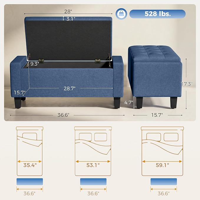 HOMCOM 36.6" Tufted Fabric Rectangular Storage Ottoman Bench Blue | With Armrests, Wooden Legs, Holds up to 528 lbs, for Entryway Living Room Bedroom