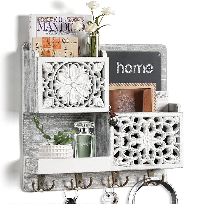 Mail Organizer Wall Mounted | 2 Slots Key Holder for Wall with 8 Hooks, Rustic Wood Key Rack with Shelf for Entryway Hallwall Farmhouse