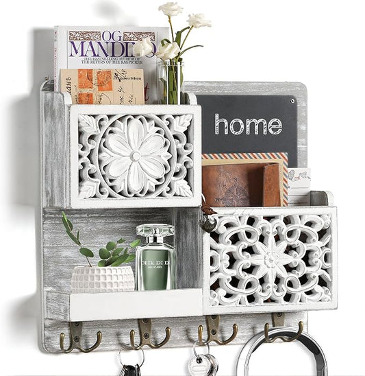 Mail Organizer Wall Mounted | 2 Slots Key Holder for Wall with 8 Hooks, Rustic Wood Key Rack with Shelf for Entryway Hallwall Farmhouse