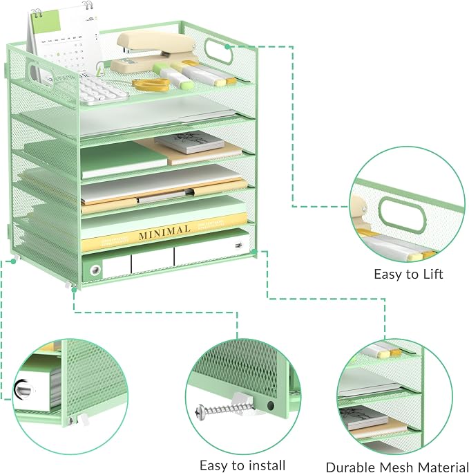 Daltack 6-Tier Paper Organizer for Desk with Handle, Green | Sturdy Metal Mesh Organizer with Movable Middle Trays and a Carry Handle for Papers, Folders and Office Supplies