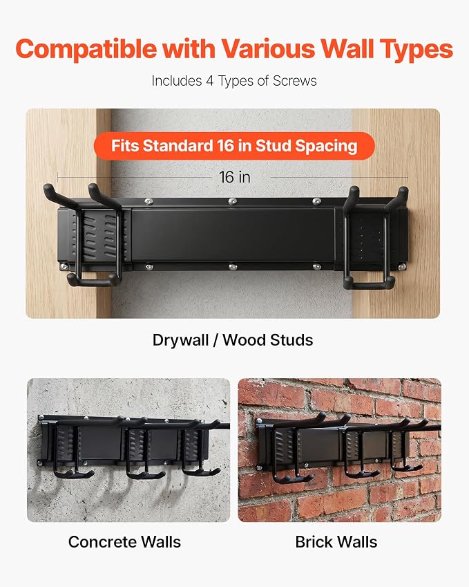 VEVOR Garage Tool Organizer 49.5 Inch 600 lbs Wall Mount Garden Tool Rack, Heavy Duty Garage Hanging Storage Rack Organization with 3 Rails and 9 Adjustable Hooks, for Yard Tools, Shovel, Rake, Shed
