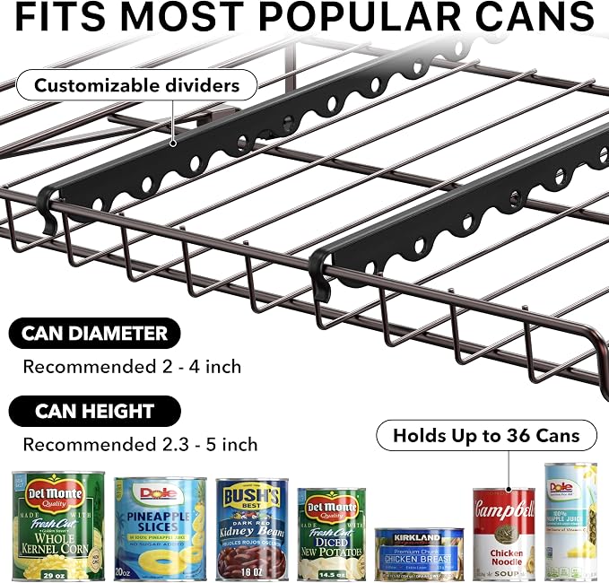 Simple Houseware 3-Tier Stackable Can Organizer Rack Hold 36 Cans, Bronze | Can Food Storage Dispenser for Pantry/Cabinet, Adjustable Dividers – 11.5" D x 17" W x 13.75" H