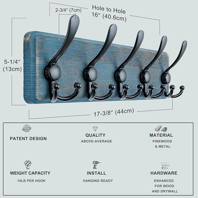 Coat Rack Wall Mount - Heavy-Duty Robust Barnwood-Style Wooden Wall Coat Hanger Hook Rail with 5 Triple Hooks for Winter Coats Hat Jacket Clothing, Weathered Blue & Black