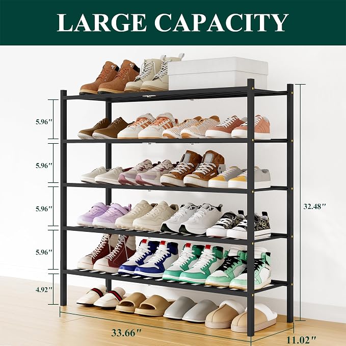 Smiry Bamboo Shoe Rack, 12 Vertical Slats, 5 Tier - 33.7" Wide, Black | Stackable Free Standing Wooden Shoe Organizer, Wood Shoe Storage Shelf for Closet, Entryway