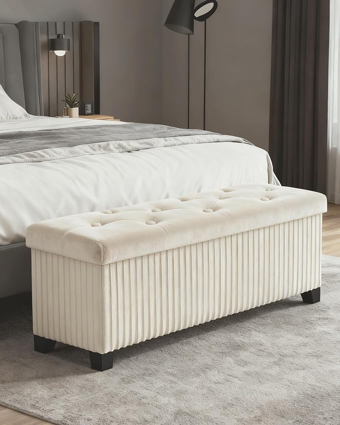 LITZFUR 43 Inches Storage Ottoman Bench, Velvet Foot Rest Stool, Beige | Folding Ottoman with Legs, End of Bed Bench, Storage Chest for Living Room, Bedroom