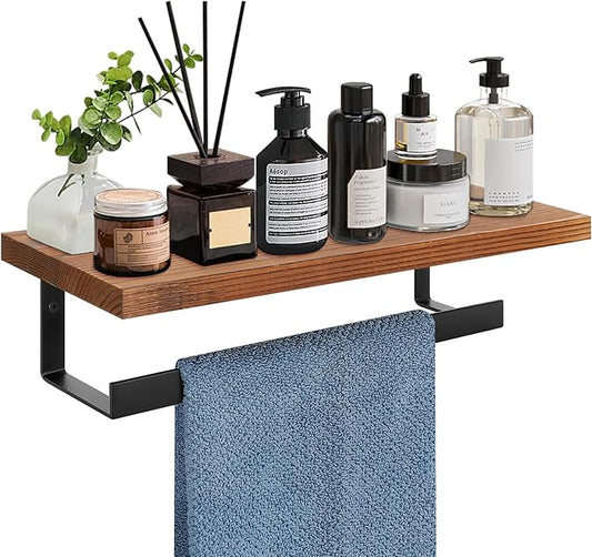 Hand Towel Holder/Towel Ring with Wooden Shelf, Hand Towel Rack, Hand Towel Hanger for Bathroom, Bath Accessories Wall Mounted, (Matte Black, 12"-Squ Shaped)